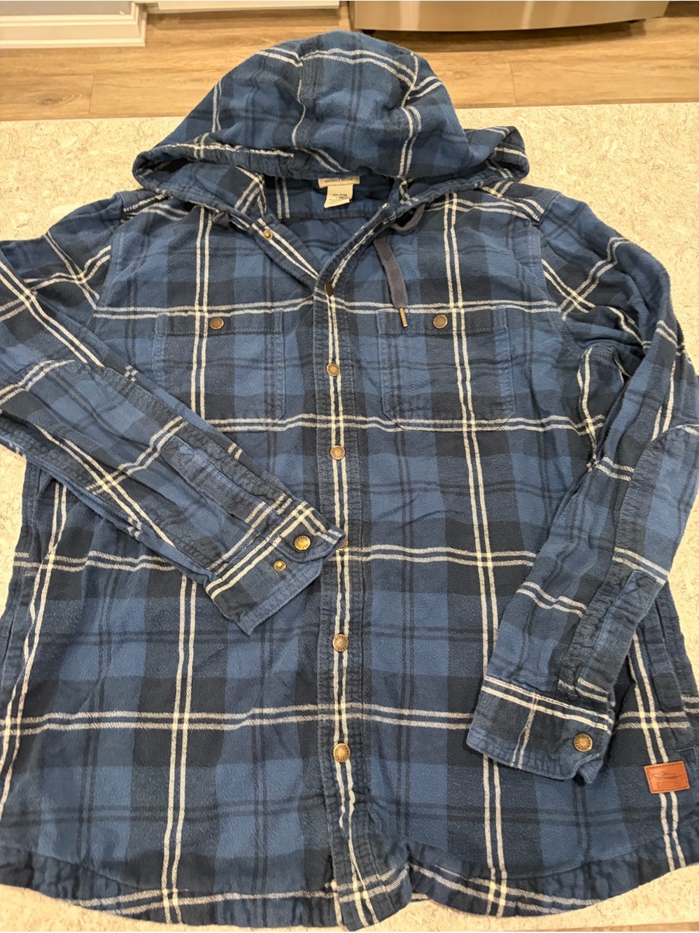 LL Bean Scorch Plaid Blue Plaid Hooded Flannel Shirt Jacket-Large